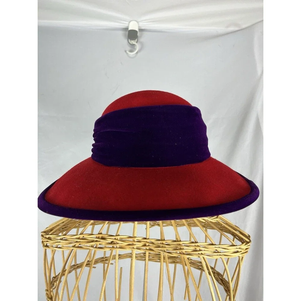 Scala Vintage Red Wool Wide Brim Hat Purple Trim Flower Church Derby Tea
